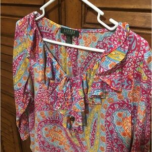 Ralph Lauren Pink, Blue, Orange, Yellow, & White Paisley Top - Size Petite Large